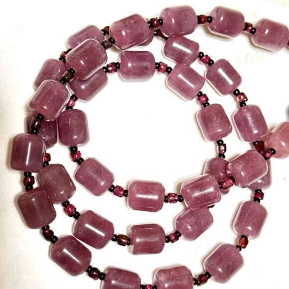 Purple Chalcedony Garnet Matinee Necklace, Genuine Gemstone Beaded Necklace - Picture 5 of 15